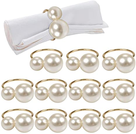 12 Pack Pearl Napkin Rings, Gold Serviette Buckle Holder for Easter, Family Gathering, Dinner Party, Wedding Decor, Napkin Ring for Christmas, Thanksgiving Day, Friends and Family (2 Gold Pearls)