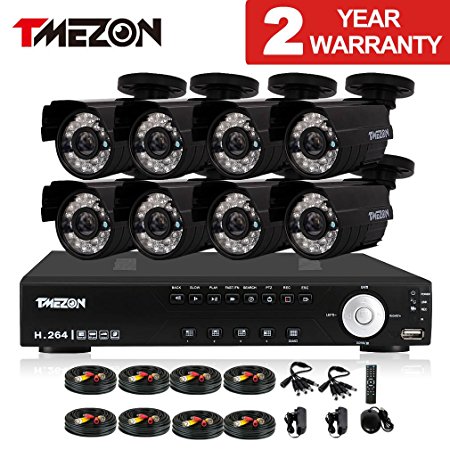 TMEZON 16CH Channel HDMI Video DVR CCTV Security Cameras System 8x 800tvl 960H IR Cut Outdoor Bullet Hi-Resolution Surveillance Cameras Black Smart Phone View