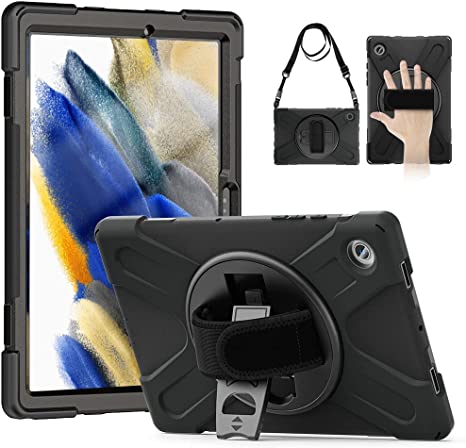 ZenRich Samsung Galaxy Tab A8 Case 10.5" 2022, zenrich Galaxy A8 Shockproof Rugged Case with S Pen Holder Stand Hand Strap and Shoulder Belt for Galaxy SM-X200/X205/X207,Black