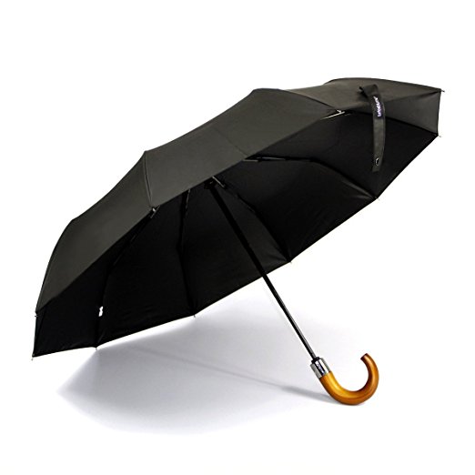Runbox Automatic Folding Wood Crook Handle Compact Travel Umbrella