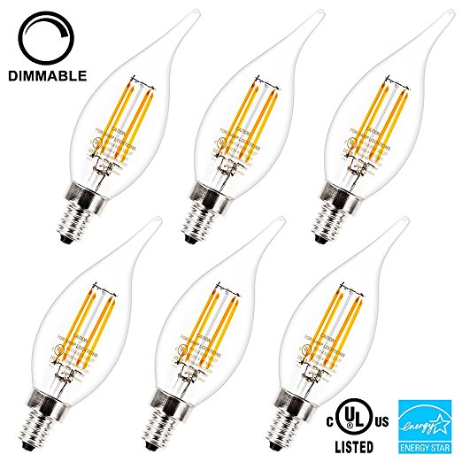 LED Candelabra Light Bulbs Dimmable E12 Base 4.5W Equivalent 45W Candelabra Bulb, Warm White 2700K, 450ml, BA11 Clear Filament Glass Candle Light Bulbs, UL Listed, Energy Star, Pack of 6