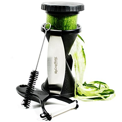 Spiral Slicer - Vegetable Spiralizer Bundle - Veggie Spaghetti Noodle Maker - ABS BPA Free Plastic - Stainless Steel - With Ceramic Peeler Cleaning Brush and Storage Pouch