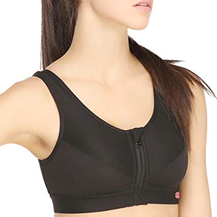Yvette Womens Zipper Front Closure Easy On Sports Bra For Large Busts -No Padding High Support No Bounce Bra