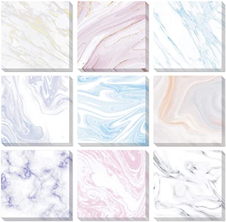 9 Pieces Marble Sticky Note Pads Adhesive Memo Notes Self-Stick Note Pads for Reminders, Study, Work, Office, School and Home, 9 Styles