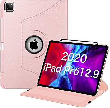 Fintie Rotating Case for iPad Pro 12.9 4th Generation 2020 & 3rd Gen 2018-360 Degree Rotating Smart Stand Cover w/Pencil Holder, Auto Sleep/Wake, Supports 2nd Gen Pencil Charging, Rose Gold