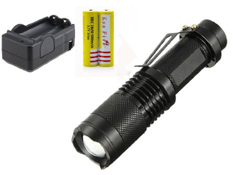 KssFire® Cree XML T6 LED Mini Flashlight Torch   2PCS 18650 5000mAh 3.7V KssFire Rechargeable Li-Ion Battery   Charger（Black）