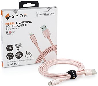 SYDE METAL MFI Apple Certified Lightning Cable Braided (5ft) – Reinforced, Premium, Tough, Military-Grade, Double-Nylon Braided, FAST Charging Cord for iPhone, iPad, and iPod (Rose Gold)