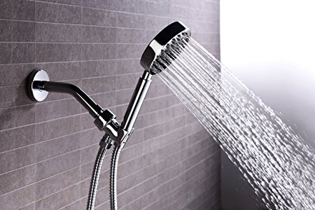 100% Solid Metal Hand Held Shower Head Package featuring 2.5 GPM High Pressure Single Function Spray, Chrome Finish