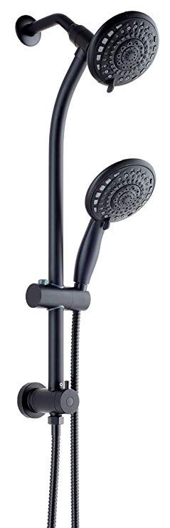 egretshower Dual Bathroom Shower Slide Bar Shower System Shower Heads Handheld Shower Combo 5-setting, Matt Black
