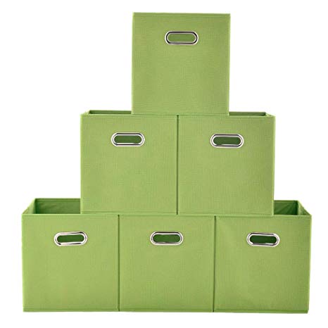Ikebana Collapsible Set of 6 Metal Handle Green Fabric Storage Cubes, Fabric Drawers Cube Storage Bins For Nursery, Closet, Shelf, Office