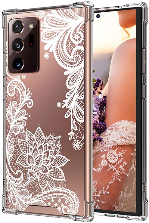 Cutebe Case for Galaxy Note 20 Ultra, Shockproof Series Hard PC  TPU Bumper Protective Case for Samsung Galaxy Note 20 Ultra 6.9 Inch Crystal Lace Design(White)