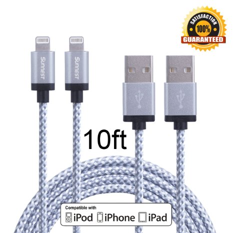 Sunnest 2Pcs 10FT Extra Long Nylon Braided 8 Pin Lightning Cable USB Charging Cord with Aluminum Connector for iPhone 66s6 plus6s plus 5c5s5 iPad AirMini iPod NanoTouchWhite