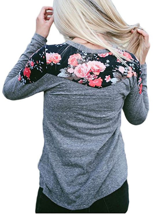 Dokotoo Womens Casual Long Sleeve Floral Print Color Block Blouse Tops