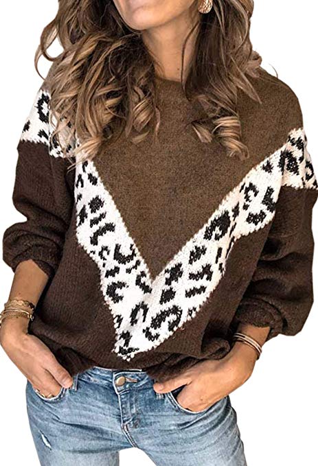 Angashion Women's Sweaters Casual Long Sleeve Crewneck Color Block Patchwork Pullover Knit Sweater Tops