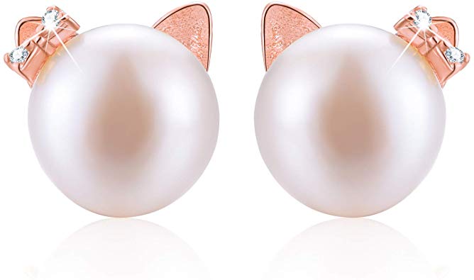 ✦Gifts for Christmas✦Esberry 18K Gold Plating 925 Sterling Silver Cat Stud Earrings Natural Freshwater White Pearl Earrings Cute Cat Hypoallergenic Earrings for Women and Girls