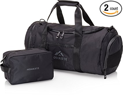 Homaste Gym Bag and Toiletry Kit Bundle - Designer Sports Duffle Bag with Vented Shoe Compartment and Waterproof Nylon Shell - Perfect for Men, Women, and Kids