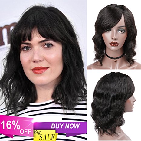 WIGNEE Natural Wave Wigs with Bangs 100% Brazilian Human Hair Fashion Wave Wigs Natural Black (12")
