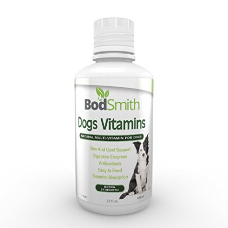 BodSmith Liquid Dog Vitamins all natural blend providing the crucial nutrients dogs need for optimum health. Necessary vitamins, minerals, herbs, essential fatty acids, trace minerals, amino acids and digestive enzymes, plus Ester-C and Coenzyme Q10.