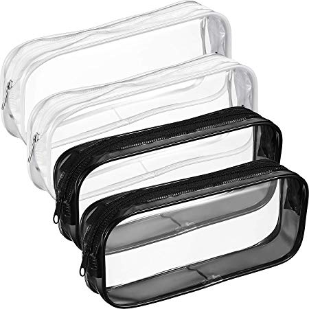 Tatuo 4 Pieces Clear PVC Zipper Pen Pencil Case, Big Capacity Pencil Bag Makeup Pouch Students Stationery (Black and White)