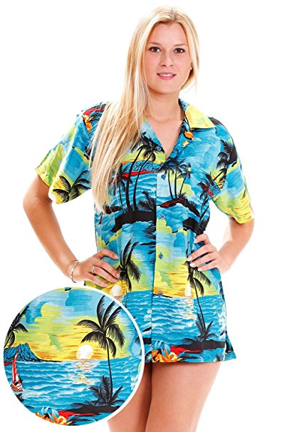 Funky Hawaiian Blouse Women Short-Sleeve Front-Pocket Surf Beach Turquoise