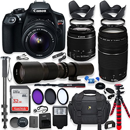 Canon EOS Rebel T6 DSLR Camera with 18-55mm IS II Lens Bundle   Canon EF 75-300mm f/4-5.6 III Lens and 500mm Preset Lens   32GB Memory   Filters   Monopod   Spider Tripod   Professional Bundle