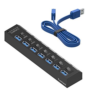 USB 3.0 7 Ports Hub, Tumao High Speed USB Splitter Hub with On / Off Switch & LED Indicator(Powered via USB 3.0) For iMac, MacBooks, PCs and Desktop Laptops, Tablet (Black)