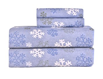 Pointehaven Heavy Weight Printed Flannel 100-Percent Cotton Sheet Set, Snow Flakes, Full