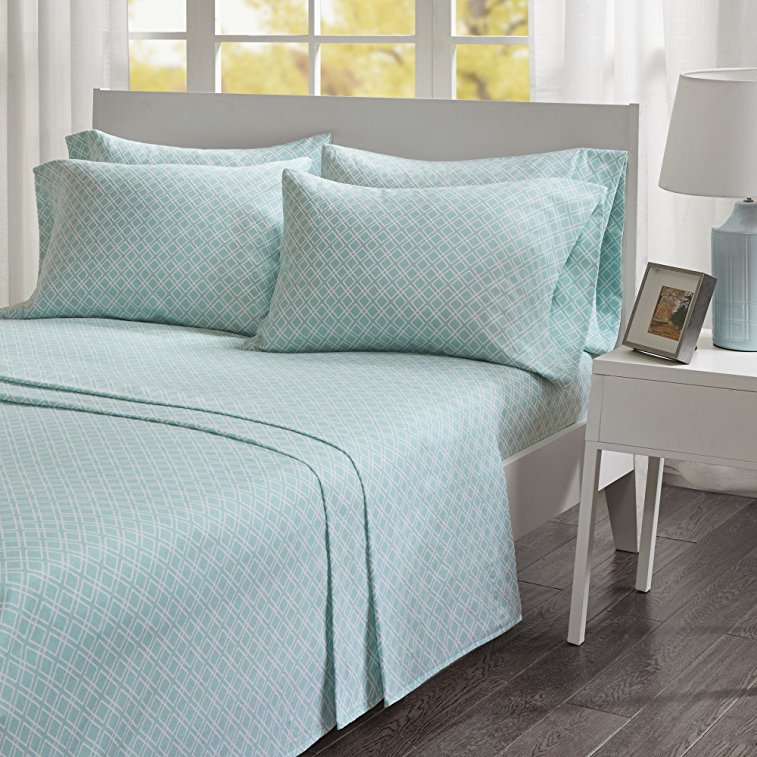 Comfort Spaces - Ultra Soft And Cozy Printed Geometric 100% Cotton Flannel Sheet Set - 6 Piece - Cal King - Aqua - Includes 1 Fitted Sheet, 1 Flat Sheet and 4 Pillow Cases