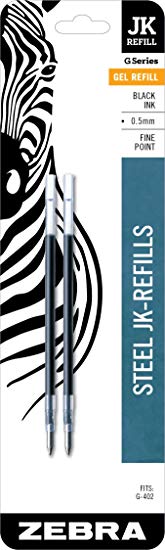 Zebra G-402 Stainless Steel Pen JK-Refill, Fine Point, 0.5mm, Black Ink, 2-Count