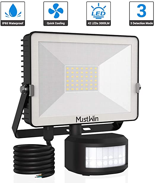 Security Lights Outdoor Motion Sensor, MustWin 30W LED Floodlight 3000LM PIR Lights 6000K Daylight White Flood Light with 2M Power Cord IP65 Waterproof Lighting for Garden Forecourt Garage Wall Patio