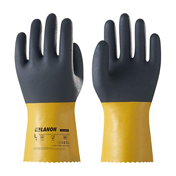 LANON Protection U100 Reusable PVC Work Gloves, Oil Resistant Heavy Duty Industrial Gloves, Chemical Resistant, Non-slip, Large, CE Certified, CAT III