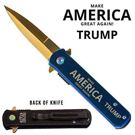 TRUMP "Make America Great Again" Assisted Open Tactical Pocket Knife with Steel Gold Blade and Blue and Black Handle