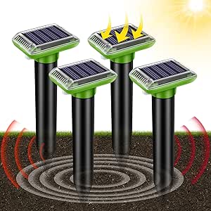 Solar Mole Repellent, Ultrasonic Gopher Repeller Outdoor, Solar Powered Waterproof Snake Repellent Deterrent Gopher Vole Snake Pest and Other Rodent Animals from Lawn Garden Yard Home(4 Packs)