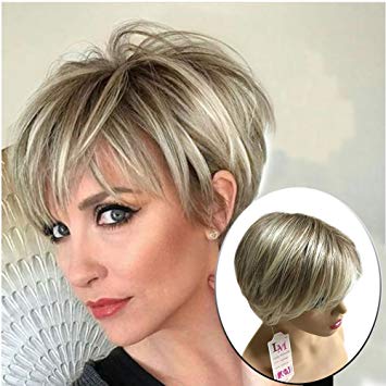 Lady Miranda Brown Mixed Blonde Color Short Layer Nature Curly with Bangs Synthetic Wig Heat Resistant Weave Full Wigs for Women (Brown-blonde)