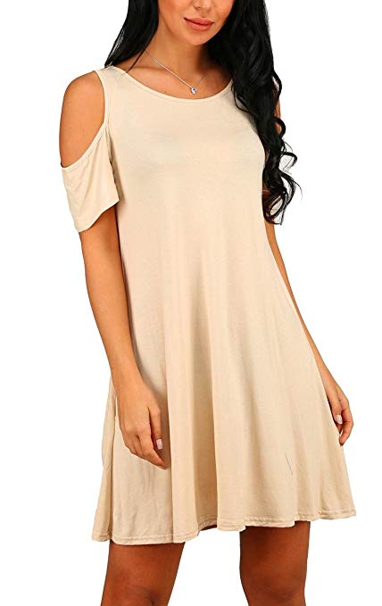 PCEAIIH Women's Summer Cold Shoulder Tunic Top Swing T-Shirt Loose Dress with Pockets