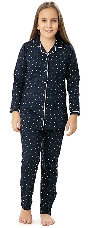 ZEYO Girl’s Cotton Navy Blue & Pink Night Suit & Night Shirt| Front Open Night Dress with Polka Dot Print