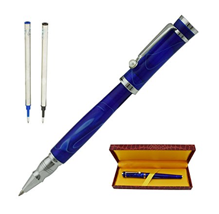 Fuliwen Blue Celluloid Roller ball Pen with 2 Additional refills ( 1 black   1 blue ), Classic Design Gel Ink Pen in Luxury Pen Gift Case Set
