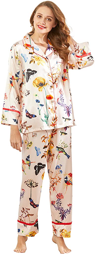Belle Heure Women’s Silky Satin Pajamas Long Sleeve Button Down Striped Floral PJ Set Loungewear