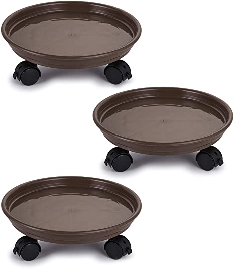 Fasmov 3 Pack Plant Pallet Caddy Plant Stand Round Flower Pot Mover, Plant Pot Pallet Dolly Caster with Universal Wheels, Brown