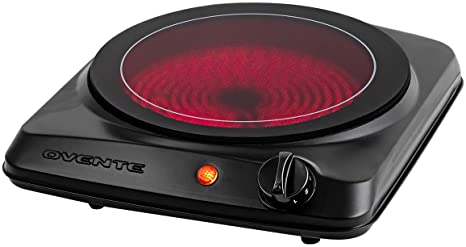Ovente 1000W Single Hot Plate Electric Countertop Infrared Stove 7 Inch with 5 Level Temperature Control & Stainless Steel Base, Easy Clean Portable Cooktop Burner for Cooking Camping, Black BGI101B
