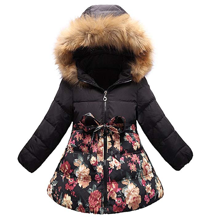 SS&CC Girls' Long Flower Printing Bowknot Winter Coat Hooded Jacket, Most Wished Gift