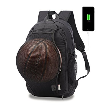 Casual Laptop Backpack College Backpack with Basketball Net Headphone Port & USB Charging Port Sports Bag School Bag Bookbag Travel Daypack Fits 15.6 Inch Laptop Notebook