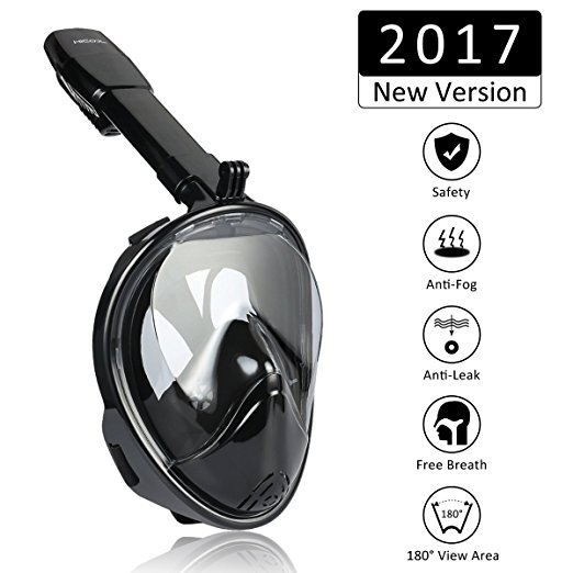 HiCool Full Face Snorkel Mask 180° Panoramic Diving Mask with longer Snorkeling Tube Larger Area Anti Fog and Anti Leak Snorkeling Mask with Removable GoPro Mount