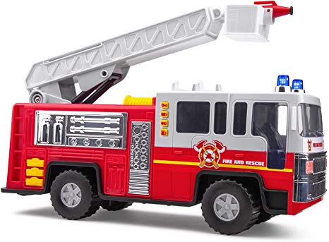 Playkidiz Toy 15" Fire Truck for Kids with Lights and Sounds, Classic Red and White Rolling Emergency Vehicle, Interactive Play Movable Ladder, Early Learning Fun, Boys or Girls