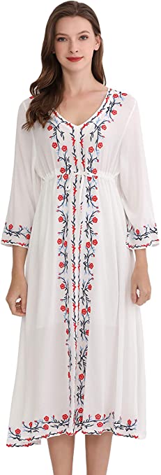 Shineflow Womens Casual 3/4 Sleeve Floral Embroidered Mexican Peasant Long Dress