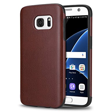 Galaxy S7 Case, Tendlin Premium Leather Back [Exact-Fit] Flexible TPU Silicone Hybrid Soft Slim Cover Case for Samsung Galaxy S7 (Brown)