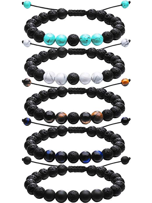 Tatuo Adjustable Lava Rock Stone Essential Oil Diffuser Bracelet Braided Rope Stone Yoga Beads Bracelets for Men Women (5 Colors Set A)