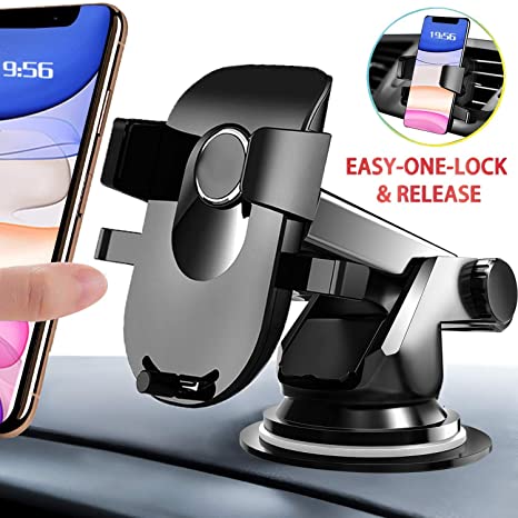 Car Phone Holder Mount Mobile Phone Holders 1 Second Lock & Release Smartphone Holder for Car Windscreen Dashboard Air Vent 360°Rotation Washable Suction Cup for iPhone Samsung Huawei Sony Moto