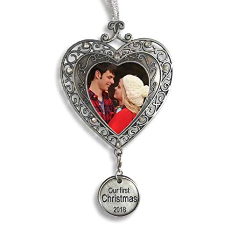 BANBERRY DESIGNS Our First Christmas Ornament 2018 - Silver Filigree Heart Shaped Photo Ornament – Xmas Picture Ornaments