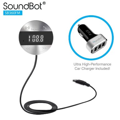SoundBot SB360FM FM RADIO Wireless Transmitter Receiver Adapter Universal Bluetooth 4.0 Car Kit Music Streaming & HandsFree Talking Dongle 3Port USB Car Charger Bundle  Magnetic Mount No AUX Required